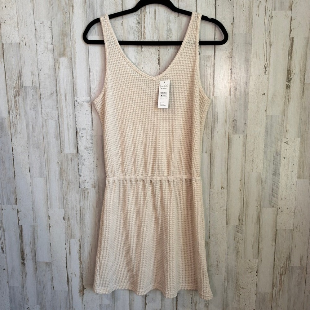 NWT Cupshe Summer Oasis Beige Cover-Up Dress Womens S Waffle Knit V-Neck Beach
